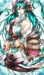  alternate_costume bad_id bad_pixiv_id barefoot breasts bridal_gauntlets green_eyes green_hair hand_on_own_chest hatsune_miku hatsune_miku_(append) highres jongo large_breasts long_hair open_mouth solo thighhighs twintails very_long_hair vocaloid vocaloid_append 
