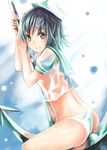  anchor ass blue_hair blush green_eyes hat midriff murasa_minamitsu no_pants panties sailor sailor_hat see-through short_hair sitting smile solo touhou underwear wet wet_clothes white_panties yakusa 