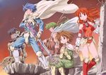 3girls android armor bare_shoulders boots brown_hair cape earrings hands_on_own_chest isedaichi_ken jewelry kein_(phantasy_star) knee_boots lena_(phantasy_star) leotard long_hair lyle_(phantasy_star) mieu_(phantasy_star) multiple_boys multiple_girls orange_hair phantasy_star phantasy_star_iii red_eyes red_hair red_leotard robot_joints searren_(phantasy_star) short_hair sword weapon 