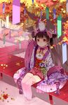  animal arm_up bad_id bad_pixiv_id bow brown_hair colorful dock flower hair_bow hair_flower hair_ornament japanese_clothes kimono leaf long_hair object_on_head original pink_legwear red_eyes ribbon ripples sitting smile soaking_feet solo tanabata thighhighs tree ushi_(newrein) water zettai_ryouiki 