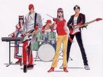  3boys 90s ainu_clothes asamiya_athena backwards_hat band baseball_cap bass_guitar black_hair boots choker drum drum_set electric_guitar fatal_fury fingerless_gloves gloves guitar hair_over_one_eye hairband hat headband high_heels instrument keyboard_(instrument) kusanagi_kyou long_hair microphone mori_toshiaki multiple_boys multiple_girls nakoruru official_art pants purple_hair red_hair red_hairband red_pants samurai_spirits shoes snk terry_bogard the_king_of_fighters yagami_iori 