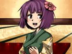  face flower harusame_(unmei_no_ikasumi) hieda_no_akyuu japanese_clothes kimono purple_eyes purple_hair solo touhou 