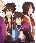  armor bad_id bad_pixiv_id black_hair damuron_atomaisu facial_hair gloves green_eyes long_hair male_focus multiple_boys multiple_persona ponytail raven_(tales) schwann_oltorain smile spoilers stubble sudachips surcoat tales_of_(series) tales_of_vesperia white_background 