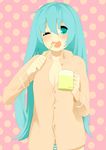  aqua_eyes aqua_hair bad_id bad_pixiv_id brushing_teeth cup hair_down hatsune_miku long_hair mug mugicha_(aruko) nightshirt one_eye_closed open_mouth solo toothbrush very_long_hair vocaloid 