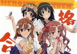  4girls :3 :d absurdres black_eyes blush brand_name_imitation brown_eyes brown_hair electricity eraser flower grin hair_flower hair_ornament hairclip head_wreath headband highres long_hair mechanical_pencil misaka_mikoto multiple_girls official_art open_mouth pencil ruler sano_keiichi saten_ruiko scan school_uniform seifuku shirai_kuroko smile to_aru_kagaku_no_railgun to_aru_majutsu_no_index tombow_mono twintails uiharu_kazari 