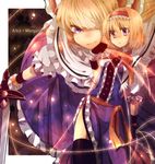  alice_margatroid bad_id bad_pixiv_id blonde_hair blue_eyes bow capelet doll goliath_doll hair_bow hairband long_hair mika_(1020mk) multiple_girls short_hair sword touhou weapon 