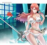  belt bikini breasts brown_eyes brown_hair crossdraw_holster dan_(toupe) flower front-tie_top gun kirijou_mitsuru large_breasts long_hair loose_belt persona persona_3 rapier side-tie_bikini solo swimsuit sword weapon white_bikini wide_hips 