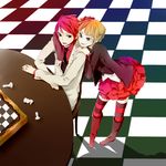  1boy 1girl beatrice blonde_hair board_game chess flower formal hair_flower hair_ornament jacket lowres necktie red_hair rose sitting skirt suit thighhighs umineko_no_naku_koro_ni ushiromiya_battler vest zettai_ryouiki 