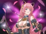  :q animal_ears bdsm blue_eyes breasts cat_ears cleavage dominatrix elbow_gloves feathers gloves hata_hata highres large_breasts long_hair megurine_luka pink_hair smile solo tongue tongue_out underboob vocaloid wallpaper whip 