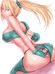  adjusting_clothes adjusting_panties ass bandeau bare_shoulders blonde_hair breasts elbow_pads fingerless_gloves fumio_(rsqkr) gloves large_breasts looking_back metroid panties pinky_out ponytail samus_aran shoulder_pads sitting solo strapless thighhighs tubetop underboob underwear wariza 
