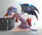  bad_id bad_pixiv_id barefoot bat_wings blue_hair bon bow bug butterfly feet glowing hat insect large_bow profile red_eyes remilia_scarlet short_hair sitting skeleton solo touhou wings 