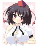  :/ black_hair blush breast_lift breasts cleavage hat huge_breasts looking_away masara red_eyes shameimaru_aya short_hair simple_background solo tokin_hat touhou upper_body 