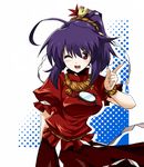  ahoge alternate_hairstyle arm_behind_back blush halftone halftone_background kasu_kazu one_eye_closed pointing ponytail purple_hair red_eyes short_hair smile solo touhou yasaka_kanako 