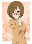  bespectacled blush brown_eyes brown_hair extra face glasses ikari_manatsu k-on! kinoshita_shizuka necktie nodoka_glasses one_eye_closed orange_shirt red-framed_eyewear semi-rimless_eyewear shirt short_hair smile solo sweater under-rim_eyewear 