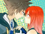  1girl blue_eyes brown_hair couple heart hetero holding_hands kairi_(kingdom_hearts) kh kingdom_hearts red_hair sora_(kingdom_hearts) 