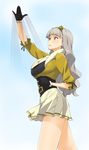  a1 absurdres belt beyond_the_nobles breasts cleavage gloves grey_hair hairband highres idolmaster idolmaster_(classic) large_breasts long_hair non-web_source parody shijou_takane skirt solo 