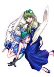  blue_hair detached_sleeves frog gloves green_hair hair_bobbles hair_ornament hat kawashiro_nitori kochiya_sanae long_hair multiple_girls purple_eyes short_hair snake sumi_(joker) touhou twintails yellow_eyes 