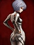 ass ayanami_rei blue_hair bodysuit breasts hand_on_ass hand_on_hip hiro1984 looking_back neon_genesis_evangelion plugsuit red_eyes short_hair skin_tight small_breasts solo white_bodysuit 