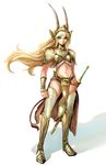  animal_ears armor bikini_armor blonde_hair green_eyes highres horns loincloth long_hair midriff navel original pointy_ears simple_background solo suoni_(deeperocean) sword tail weapon 