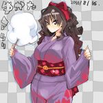  breasts brown_hair cotton_candy curvy japanese_clothes kimono large_breasts matsuri_(teriyaki) original plump solo teriyaki yukata 