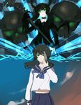  black_hair black_rock_shooter dead_master drawfag evoker green_eyes gun gun_to_head horns long_hair midriff multiple_girls navel pale_skin parody persona persona_3 scythe shorts skirt skull smile takanashi_yomi weapon 