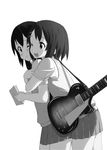  :d blush cheek-to-cheek greyscale guitar hamao hirasawa_yui hug instrument k-on! monochrome multiple_girls nakano_azusa one_eye_closed open_mouth round_teeth school_uniform smile sweater_vest teeth 