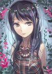  alternate_hairstyle bad_id bad_pixiv_id black_hair brown_eyes flower head_wreath jewelry kaiseki kobayakawa_rinko lei long_hair love_plus necklace solo 