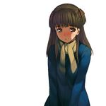 a1 bangs blush breasts brown_eyes brown_hair character_request coat copyright_request highres long_hair long_sleeves non-web_source red_ribbon ribbon scarf simple_background solo sweat sweatdrop two_side_up upper_body v_arms white_background winter_clothes yellow_scarf 