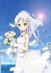  angel_beats! bad_id bad_pixiv_id bare_shoulders bouquet bow bridal_veil bride dress feathers flower gloves hair_flower hair_ornament jewelry lens_flare long_hair necklace rose silver_hair solo sunyukun tenshi_(angel_beats!) veil wedding_dress white_flower white_rose yellow_eyes 