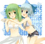  bad_id bad_pixiv_id bikini blue_eyes blue_hair breasts cirno cleavage daiyousei front-tie_top fujishiro_emyu green_eyes green_hair highres hug medium_breasts multiple_girls open_fly sarong short_hair shorts side_ponytail striped striped_bikini swimsuit touhou unzipped white_bikini white_sarong wings 