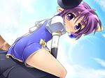  ass blush earrings eyebrows jewelry katami_shinta looking_back pov purple_eyes purple_hair shaofei_(shinrabanshou) shinrabanshou short_hair sitting solo_focus 