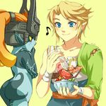  alternate_costume ass asymmetrical_clothes blonde_hair blue_eyes blue_skin bottle bowl brown_eyes chin_stroking collarbone earrings food gameplay_mechanics height_difference helmet holding holding_bowl imp jam jar jewelry link long_hair looking_at_another midna muse_(rainforest) musical_note no_hat no_headwear nude orange_hair pointy_ears pouring red_eyes sash smile the_legend_of_zelda the_legend_of_zelda:_twilight_princess wrist_wrap yellow_sclera 