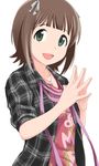  amami_haruka bangs blunt_bangs bow brown_hair casual green_eyes hair_bow idolmaster idolmaster_(classic) issei jacket jewelry open_mouth pendant plaid short_hair smile solo steepled_fingers 