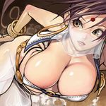  arabian_clothes arched_back bent_over bindi bracelet breasts brown_hair cleavage earrings facial_mark fantasy_masters forehead_mark foreshortening genie hand_on_hip hanging_breasts huge_breasts jewelry kdog long_hair o-ring o-ring_top solo veil very_long_hair yellow_eyes 