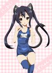  animal_ears bad_id bad_pixiv_id black_hair brown_eyes cat_ears cat_tail highres k-on! long_hair nakano_azusa name_tag one-piece_swimsuit paw_pose sasakuma_kyouta school_swimsuit solo swimsuit tail thighhighs twintails 
