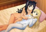  absurdres ahoge alternate_hairstyle artoria_pendragon_(all) bed black_hair blonde_hair bow fate/stay_night fate/unlimited_blade_works fate_(series) green_eyes hair_bow hair_down highres jpeg_artifacts long_hair multiple_girls non-web_source one_eye_closed pajamas saber toosaka_rin yuri 