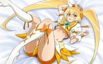  blonde_hair blush boots bow breasts cure_sunshine eyelashes hair_ribbon heart heartcatch_precure! high_heels highres knee_boots legs long_hair lying magical_girl midriff myoudouin_itsuki nakahira_guy navel orange_bow orange_skirt precure ribbon shoes skirt small_breasts solo twintails underboob wallpaper white_background yellow_bow yellow_eyes 