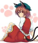  :&lt; animal_ears arm_support ass ass_cutout barefoot brown_hair butt_crack cat_ears cat_tail chen earrings face from_behind gradient_hair hat hiroya_juuren jewelry looking_back multicolored_hair multiple_tails nekomata paw_print red_eyes short_hair sitting solo tail tail_through_clothes touhou 