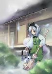  blue_eyes broom hair_ribbon katana konpaku_youmu konpaku_youmu_(ghost) nanaroku_(fortress76) ribbon silver_hair solo sword touhou weapon 