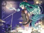  blue_eyes bra detached_sleeves gears green_hair hair_ribbon hatsune_miku highres jewelry lingerie long_hair microphone microphone_stand moon night pikazo ribbon ring see-through skirt solo speaker twintails underwear very_long_hair vocaloid wings 