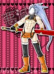 blazblue blue_hair cosplay haiero hakumen makoto_nanaya makoto_nanaya_(cosplay) male_focus solo sword weapon 