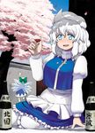  alcohol blue_eyes blue_hair bottle bow cherry_blossoms cirno cup hair_bow hat itou_yuuji letty_whiterock multiple_girls sakazuki sake short_hair touhou white_hair wings 