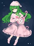  blue_background bobby_socks chain clock frown green_eyes green_hair hat hko kazami_yuuka kazami_yuuka_(pc-98) long_hair nightcap nightgown pigeon-toed socks solo star tears touhou touhou_(pc-98) 