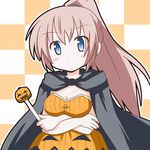  alternate_hairstyle blue_eyes blush breasts checkered cleavage costume crossed_arms halloween jack-o'-lantern long_hair medium_breasts megurine_luka minami_(colorful_palette) pinstripe_pattern ponytail pumpkin pumpkin_costume solo striped vocaloid wand 