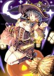  bad_id bad_pixiv_id boots bow broom candy copyright_request corset crescent earrings food grey_hair hair_ornament halloween hat highres jack-o'-lantern jack-o'-lantern_earrings jewelry night open_mouth pumpkin ryuuzaki_ichi skull_hair_ornament solo star thighhighs twintails witch_hat 