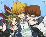  angry arm_around_neck bad_id bad_pixiv_id blonde_hair brown_hair card_pendant chain clenched_teeth constricted_pupils dog_tags grin hug hug_from_behind jounouchi_katsuya kaiba_seto kooriyama_ichirou male_focus multicolored_hair multiple_boys one_eye_closed smile teeth thumbs_up two-tone_hair viewfinder yami_yuugi yuu-gi-ou yuu-gi-ou_duel_monsters 