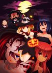  4girls animal_ears bad_id bad_pixiv_id bandage_over_one_eye bandages blonde_hair blue_eyes blue_hair brown_eyes fangs full_moon halloween hat highres horns jack-o'-lantern laco_soregashi moon multiple_boys multiple_girls necktie orange_hair original pumpkin purple_eyes red_hair scar wings witch_hat 