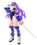  breasts cleavage dark_eclair detached_sleeves eclair_(la_pucelle) full_body greaves headdress high_heels highleg highleg_leotard highres holding holding_sword holding_weapon la_pucelle large_breasts leotard long_hair official_art over-kneehighs purple_hair ryoji_(nomura_ryouji) simple_background solo standing sword thighhighs weapon white_background 