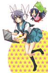  achakura asakura_ryouko bad_id bad_pixiv_id blue_eyes blue_hair brown_eyes bunny_headphones chibi computer headphones kawamura_raichi kimidori-san kita_high_school_uniform laptop long_hair multiple_girls nagato_yuki purple_hair school_uniform serafuku socks suzumiya_haruhi-chan_no_yuuutsu suzumiya_haruhi_no_yuuutsu 