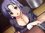  blue_eyes bra breasts cleavage desk downblouse earrings game_cg highres indoors jacket jewelry koutaro lace lace-trimmed_bra large_breasts lingerie locket long_hair office_lady open_mouth pendant saotome_nagi solo tropical_kiss underwear very_long_hair wallpaper wrist_cuffs 
